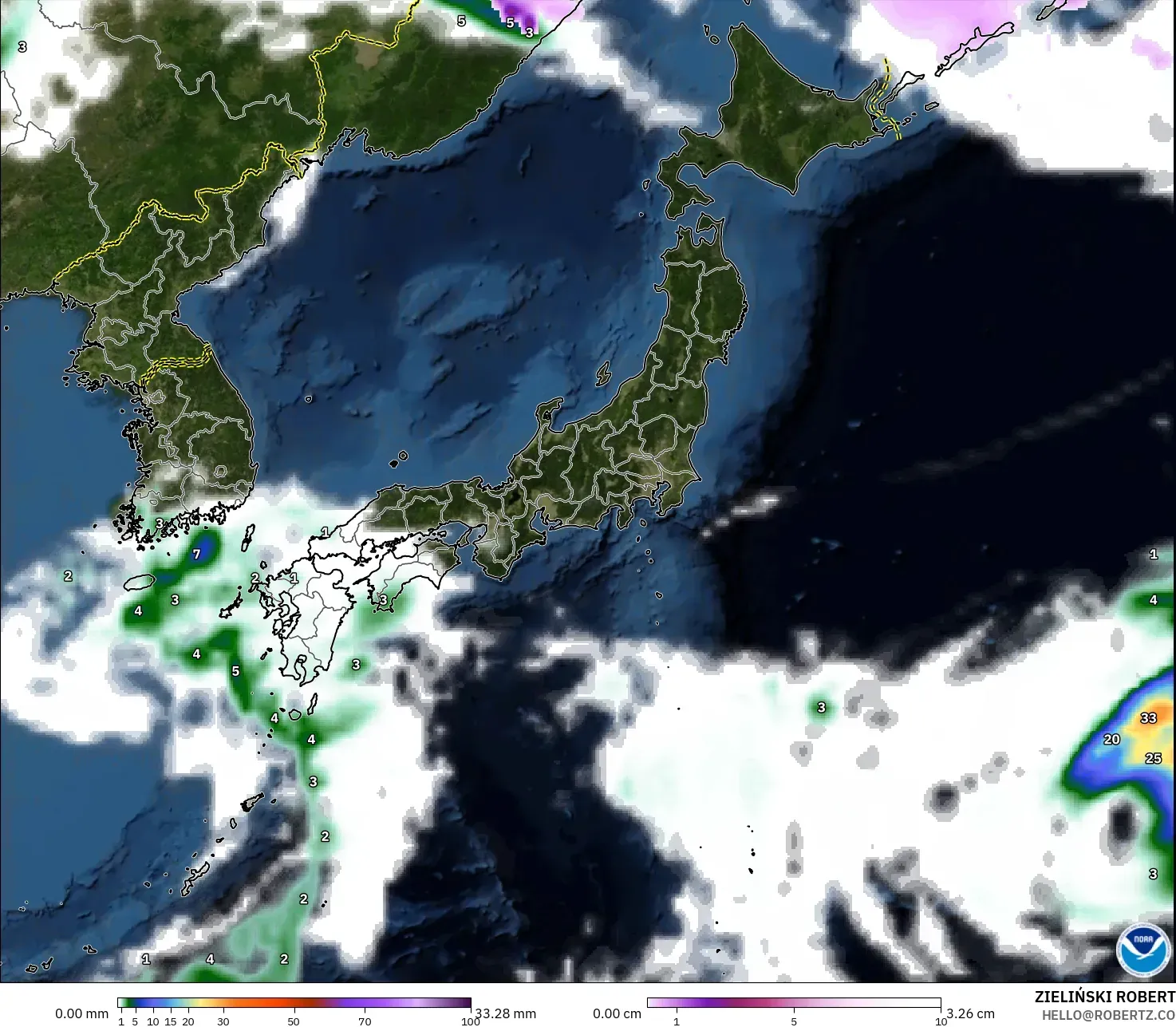 GFS model - Japonia, Opady, chmury i ciśnienie