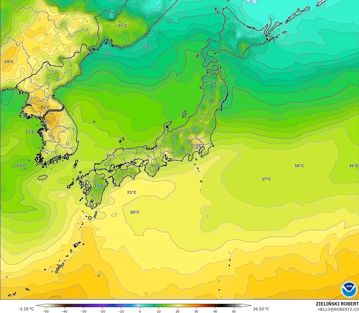 GFS model - Japonia, Temperatura na 2 m