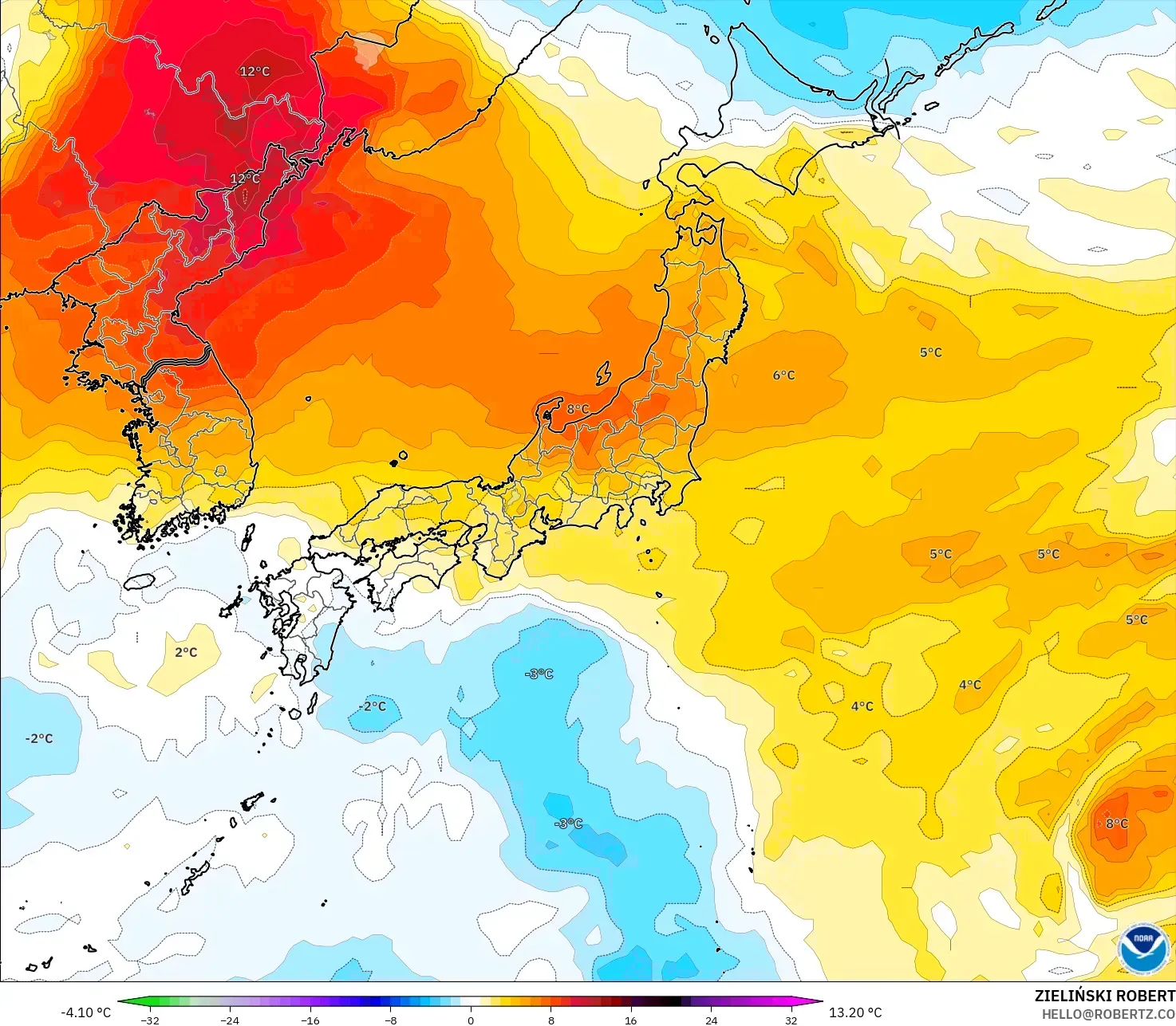 GFS model - Japonia, Anomalia temperatury na 850 hPa