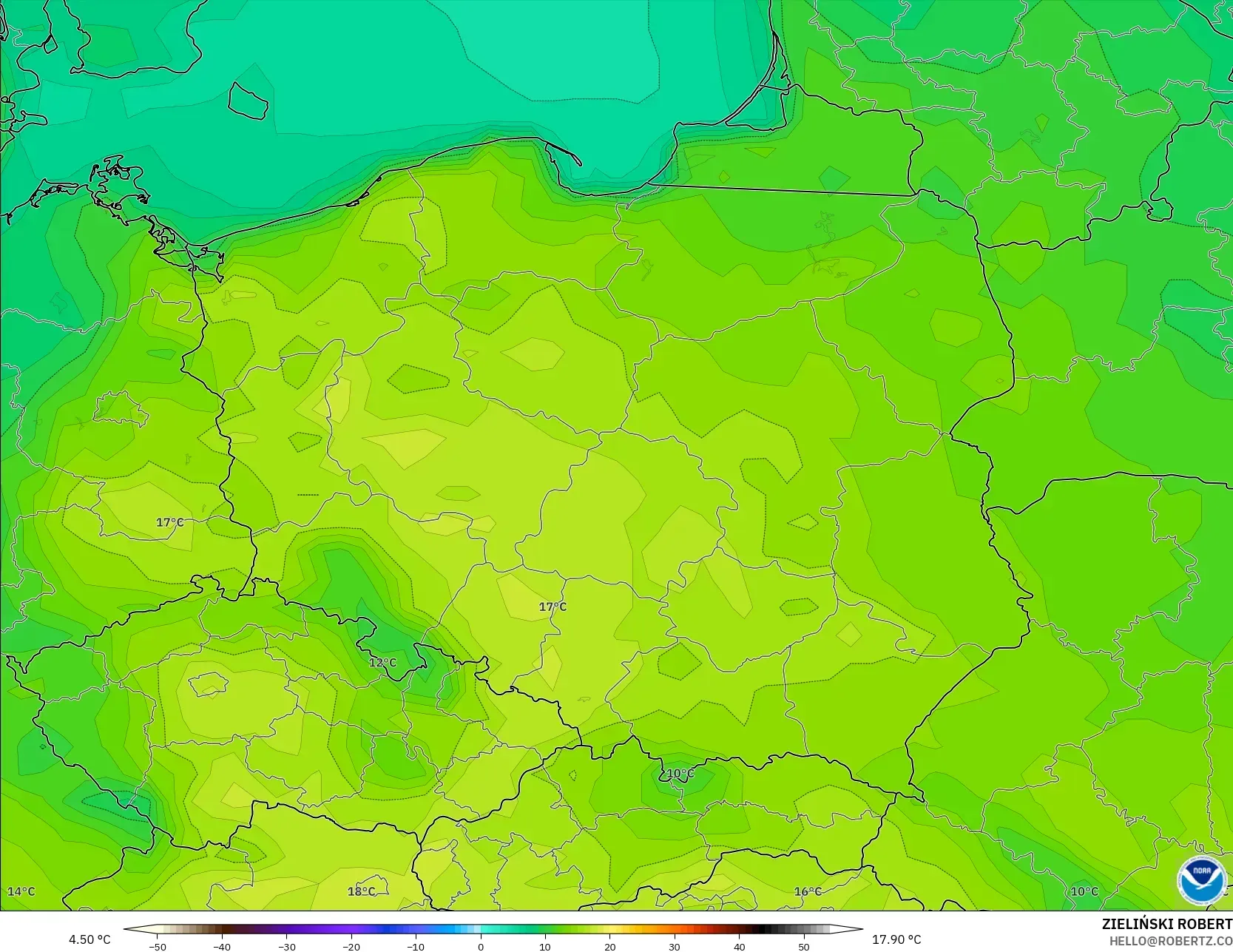 GFS model - Polska, Temperatura na 2 m