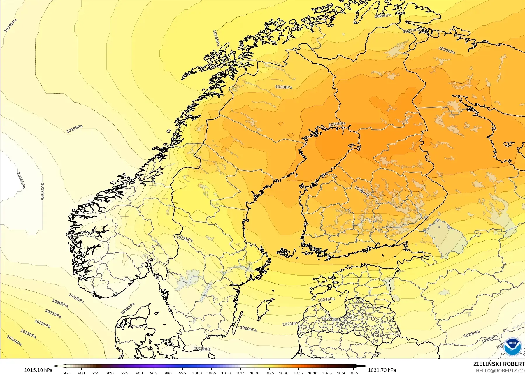 GFS model - Skandynawia, Ciśnienie