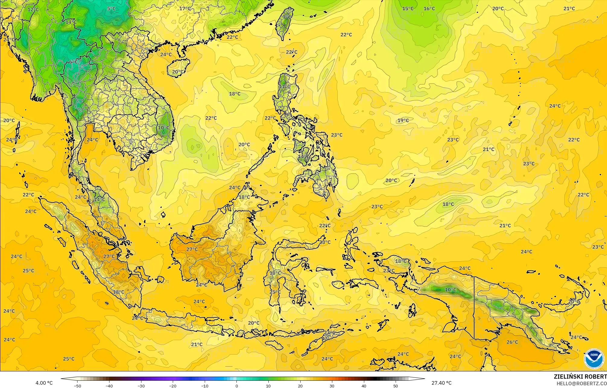 GFS model - Azja Południowo-Wschodnia, Punkt rosy na 2 m