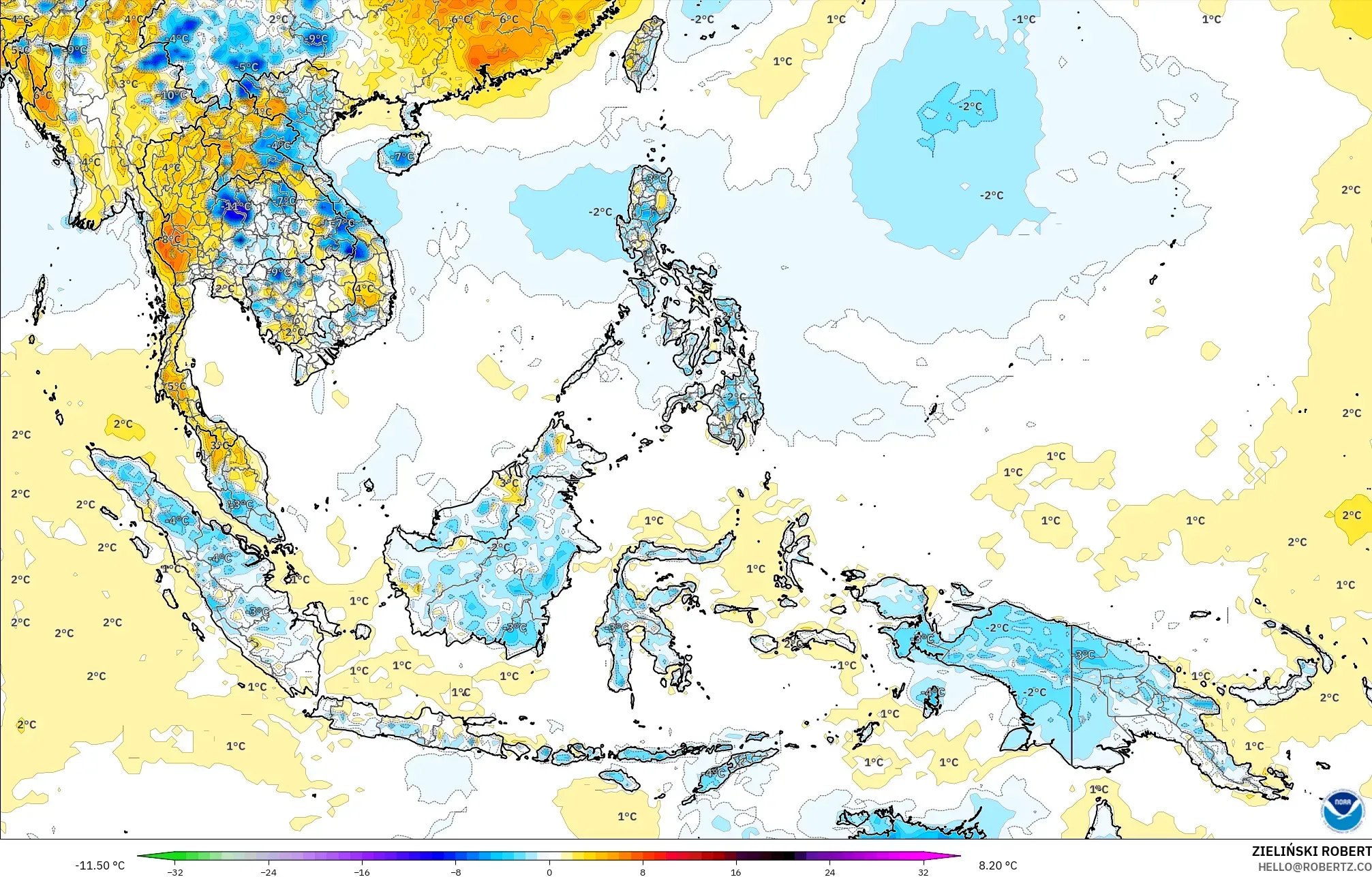GFS model - Azja Południowo-Wschodnia, Anomalia temperatury na 2 m