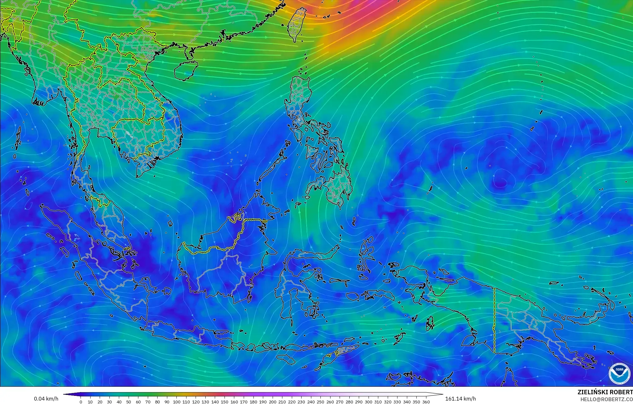 GFS model - Azja Południowo-Wschodnia, Wiatr na 300 hPa (prąd strumieniowy)
