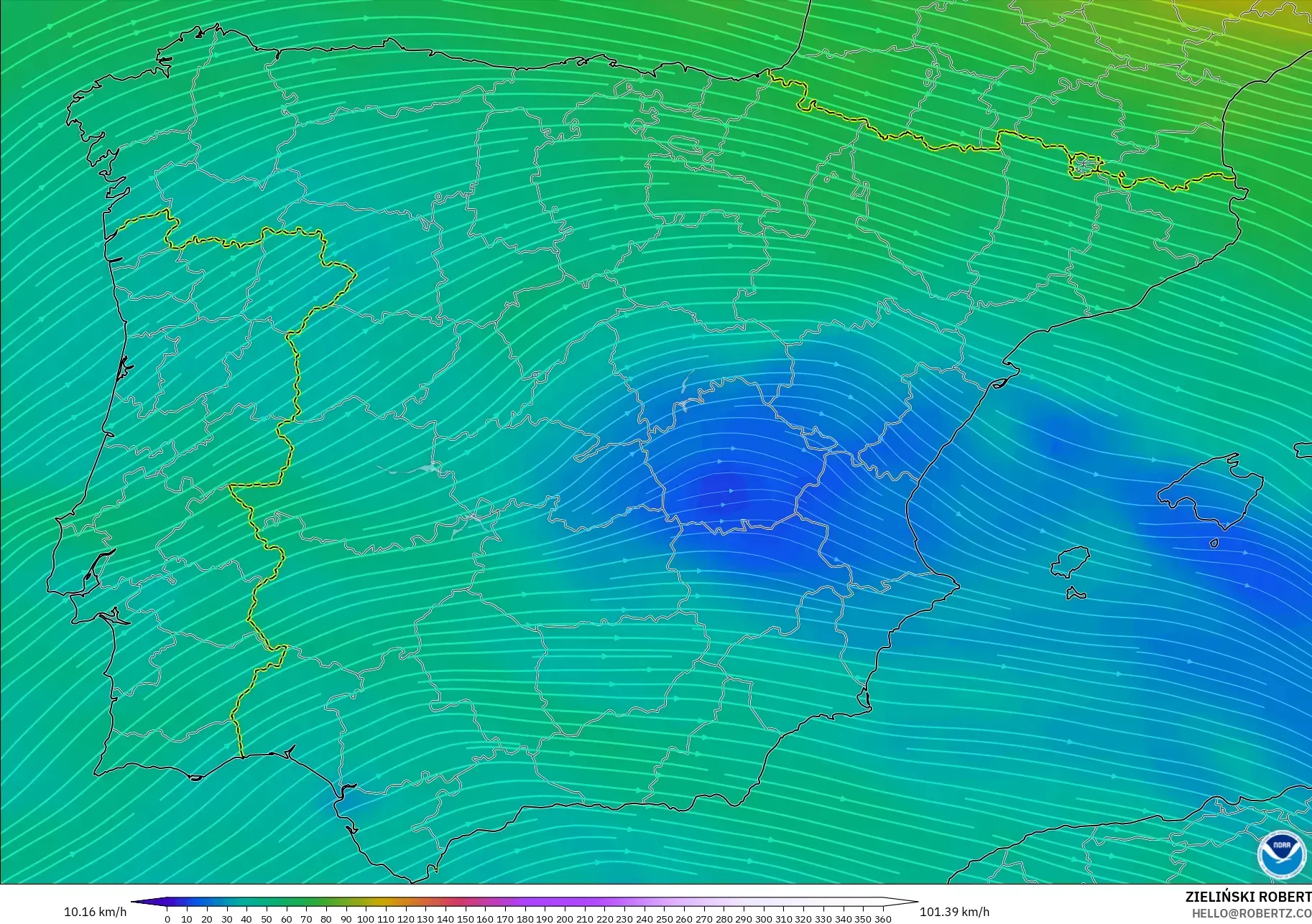 GFS model - Hiszpania, Wiatr na 300 hPa (prąd strumieniowy)