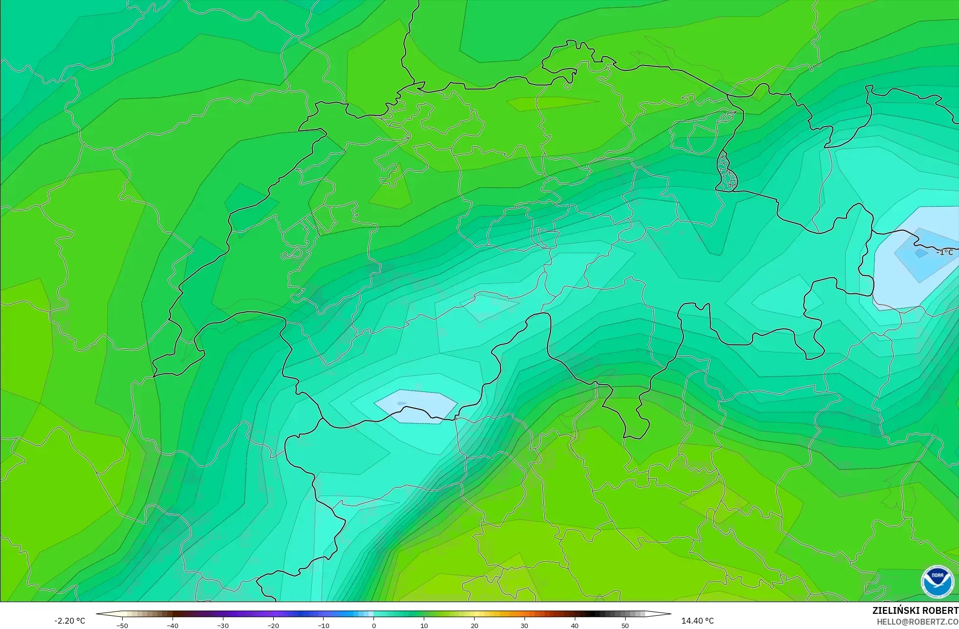 GFS model - Szwajcaria, Punkt rosy na 2 m