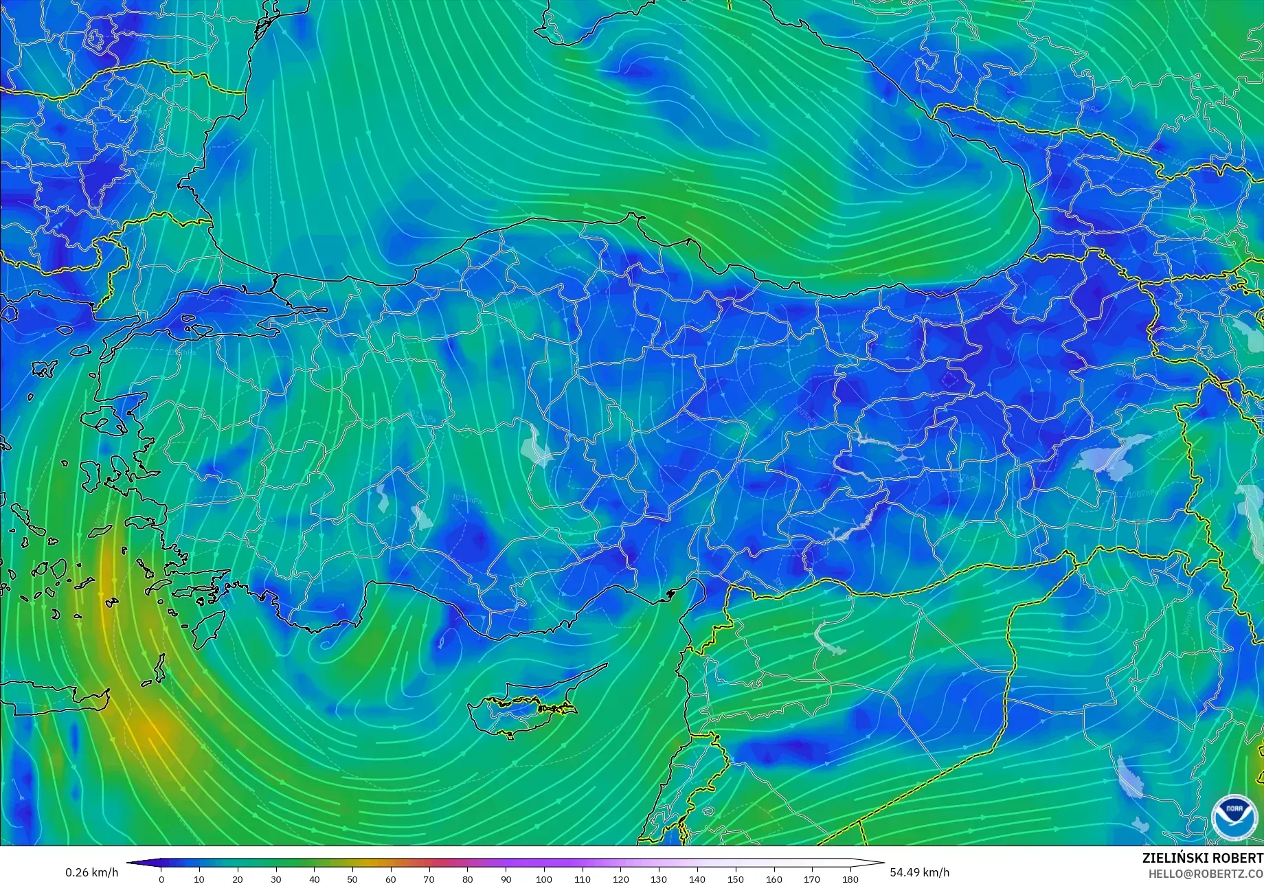 GFS model - Turcja, Wiatr na 10 m