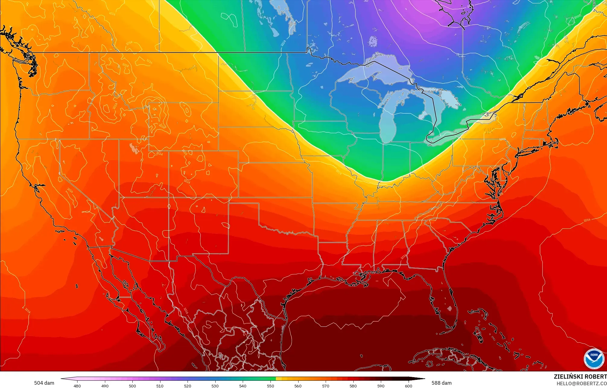 GFS model - Stany Zjednoczone, Wysokość geopotencjalna na poziomie 500 hPa