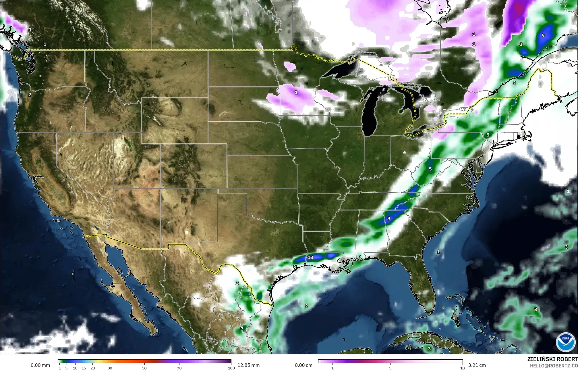 GFS model - Stany Zjednoczone, Opady, chmury i ciśnienie
