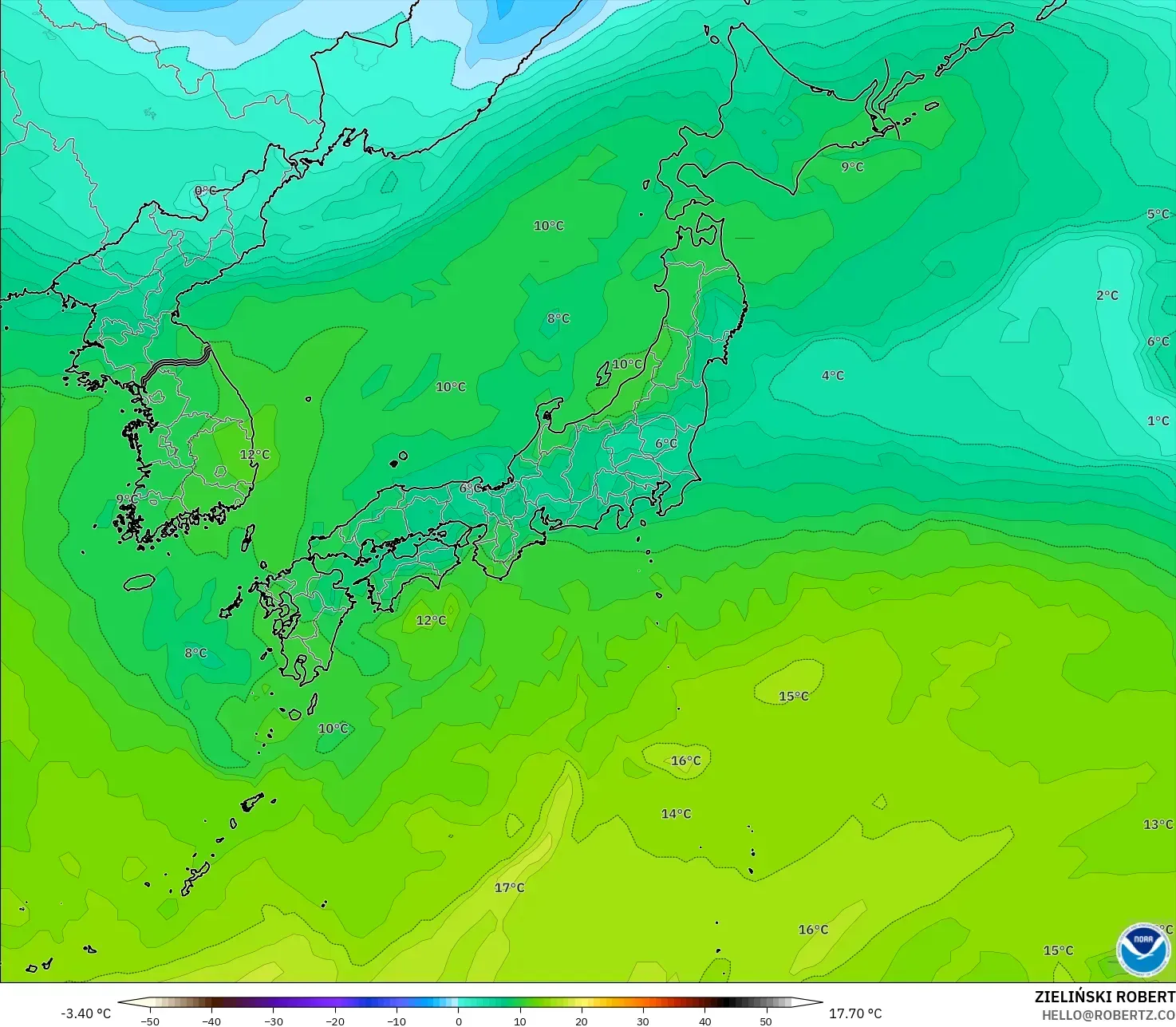 GFS model - Japonia, Temperatura na 850 hPa