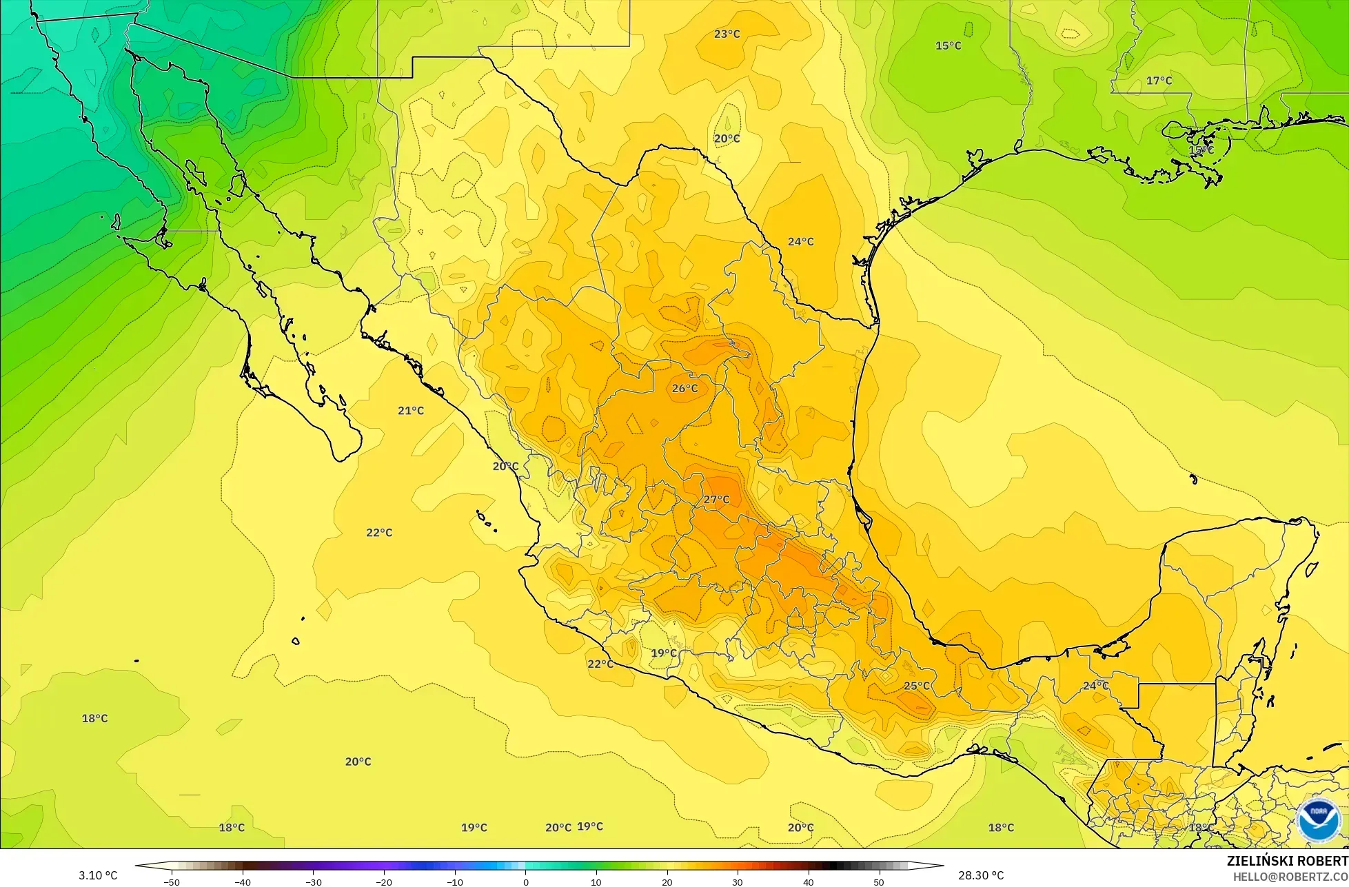 GFS model - Meksyk, Temperatura na 850 hPa