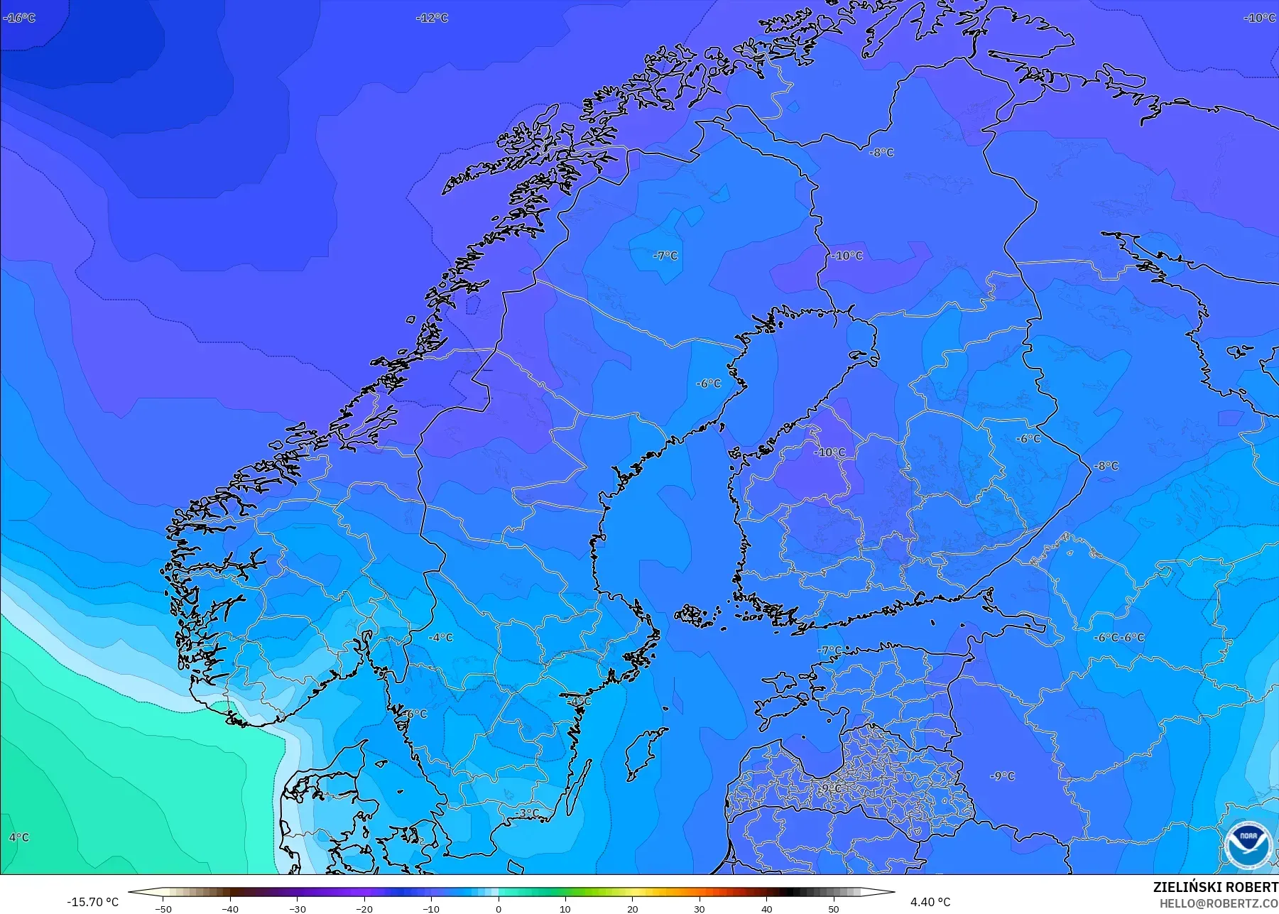 GFS model - Skandynawia, Temperatura na 850 hPa