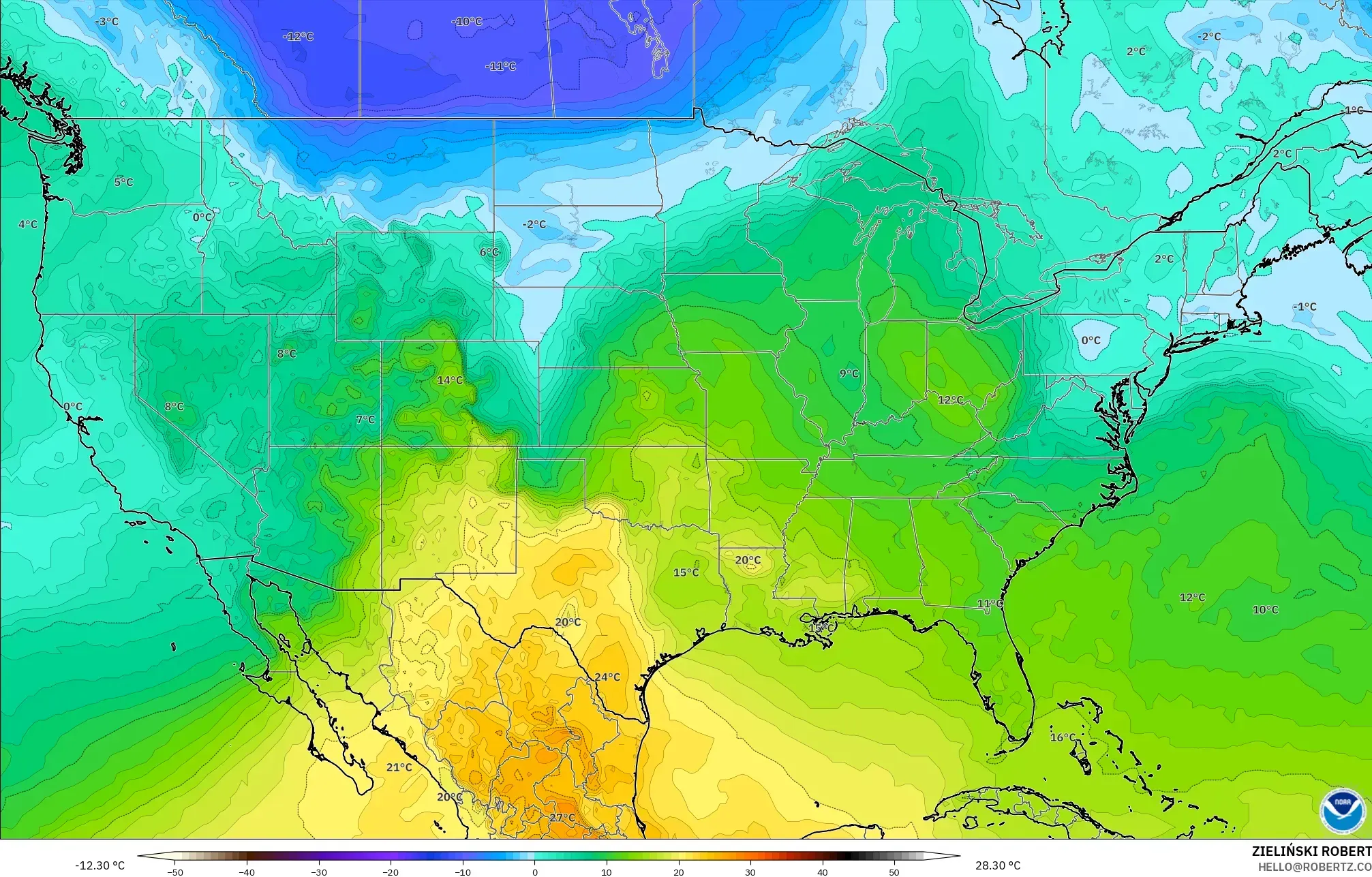 GFS model - Stany Zjednoczone, Temperatura na 850 hPa