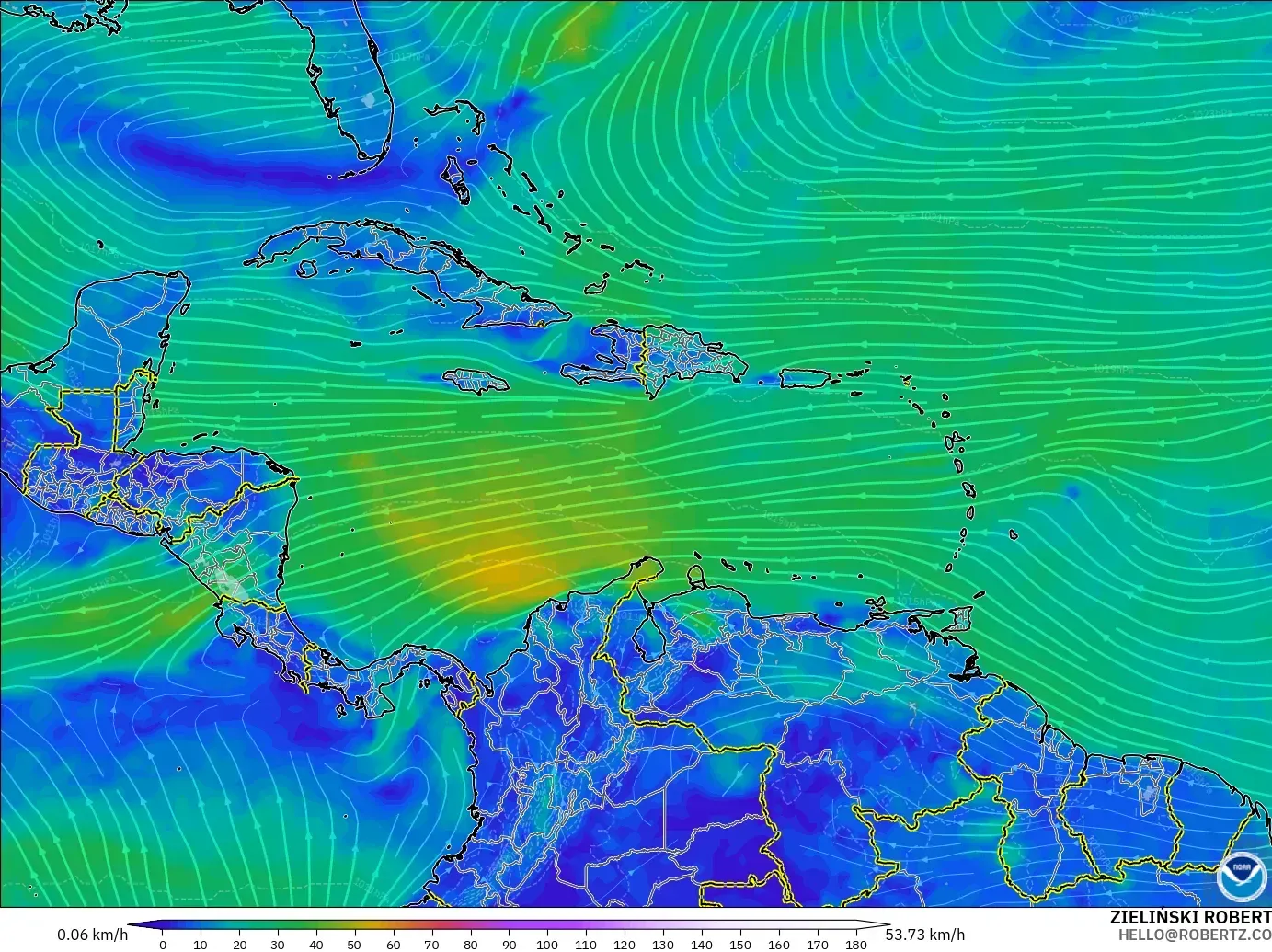 GFS model - Karaiby, Wiatr na 10 m