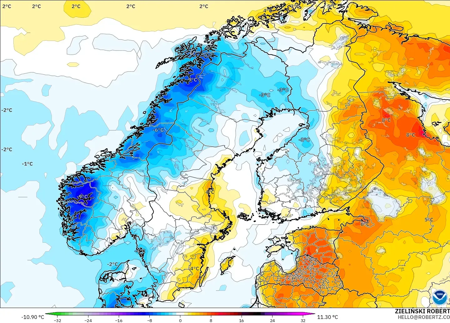 GFS model - Skandynawia, Anomalia temperatury na 2 m