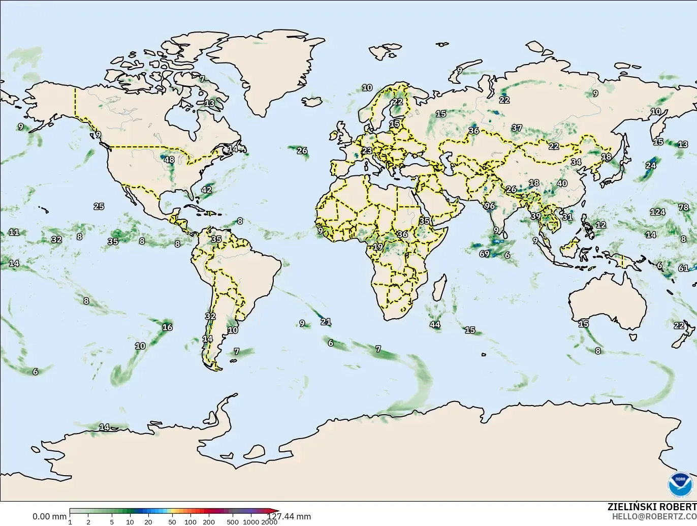 GFS model - Świat, Suma opadów