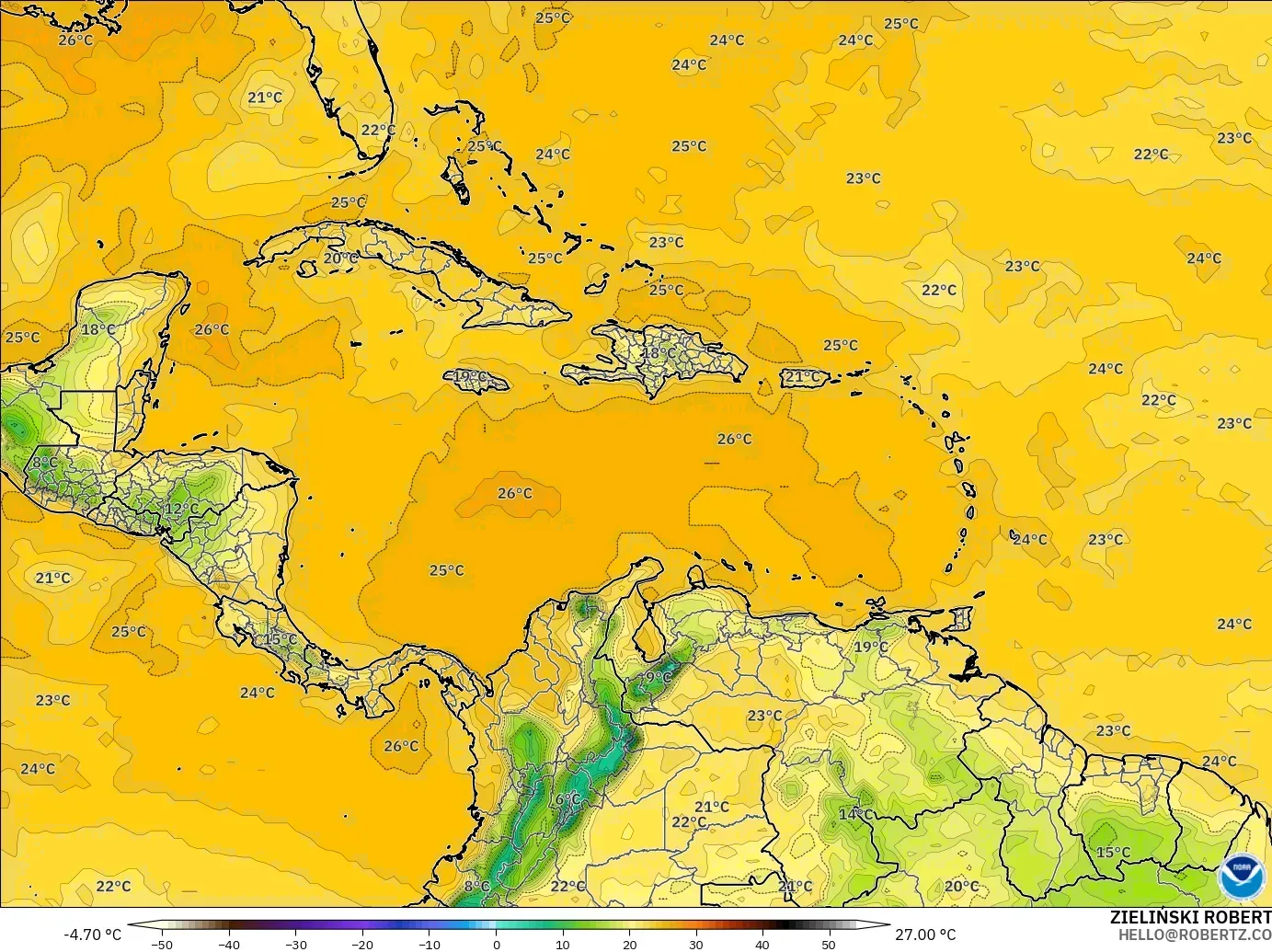 GFS model - Karaiby, Punkt rosy na 2 m