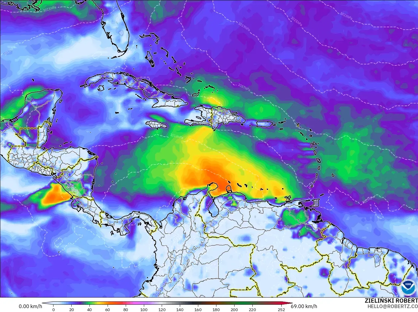 GFS model - Karaiby, Maksymalne Porywy Wiatru