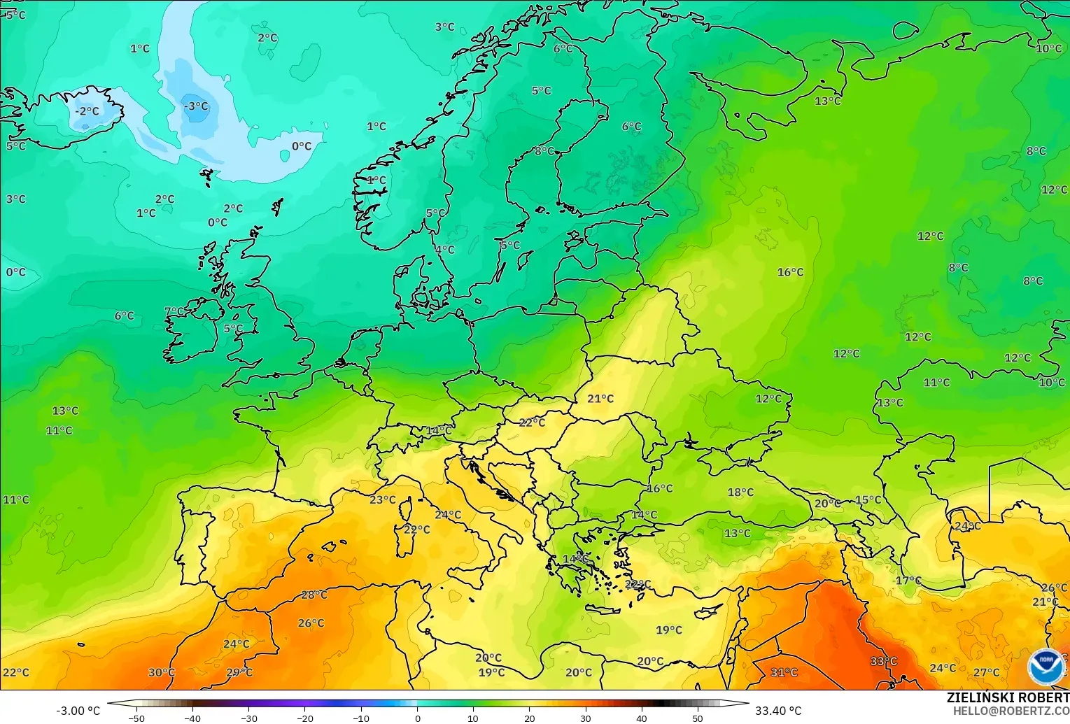 GFS model - Europa, Temperatura na 850 hPa