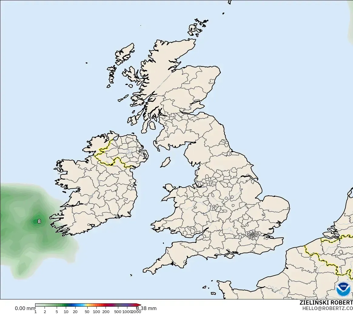 GFS model - Wielka Brytania, Suma opadów