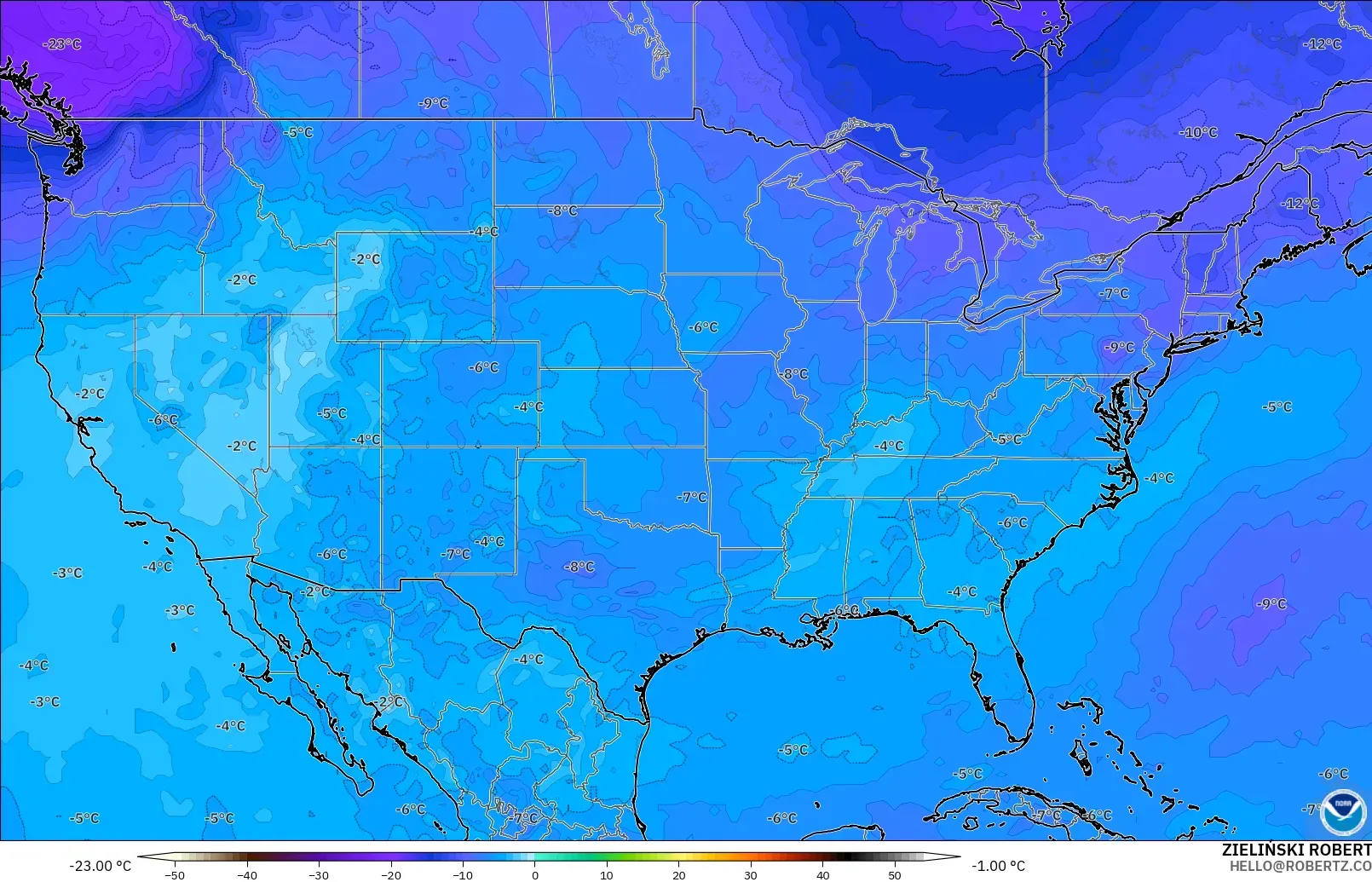 GFS model - Stany Zjednoczone, Temperatura na 500 hPa