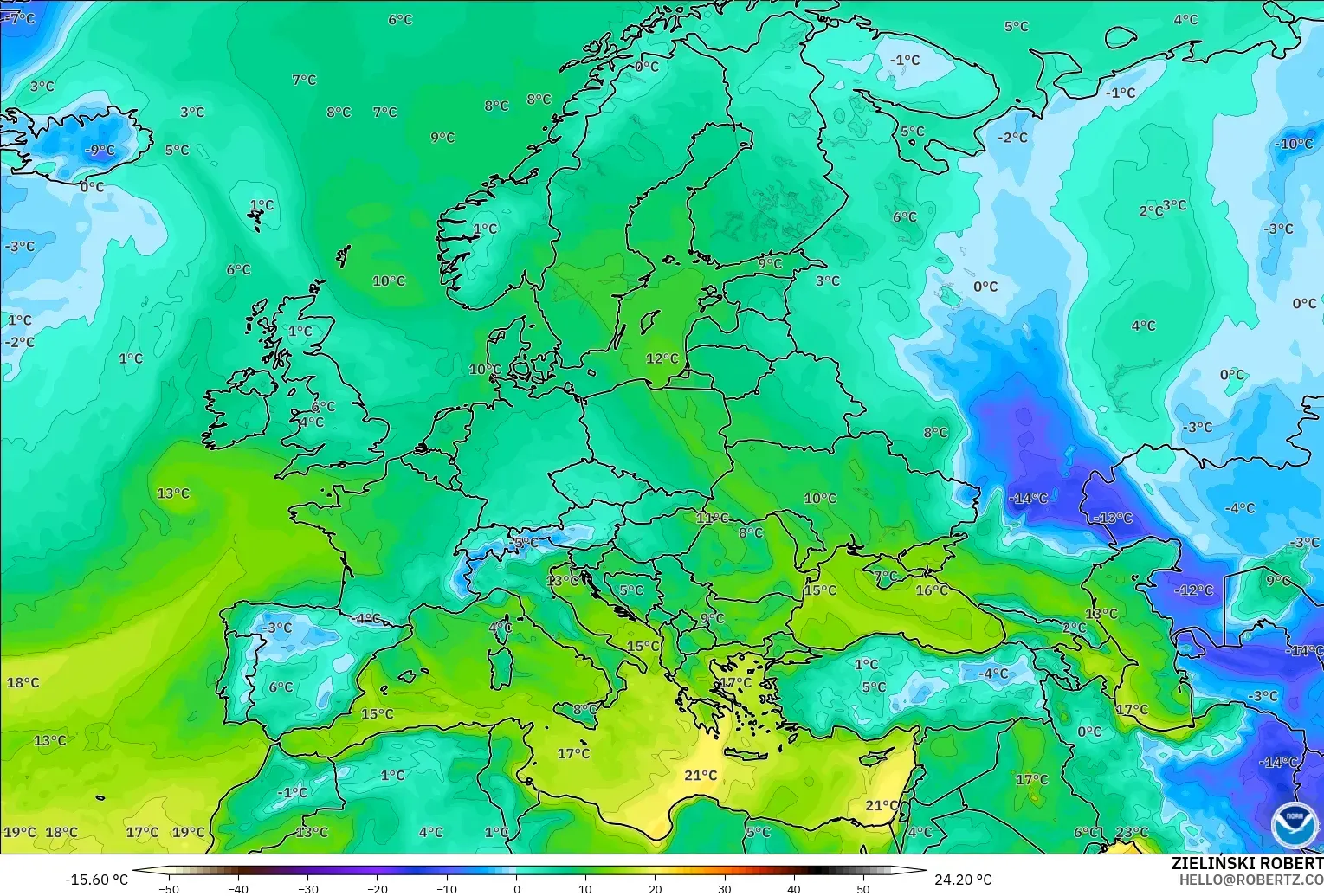 GFS model - Europa, Punkt rosy na 2 m