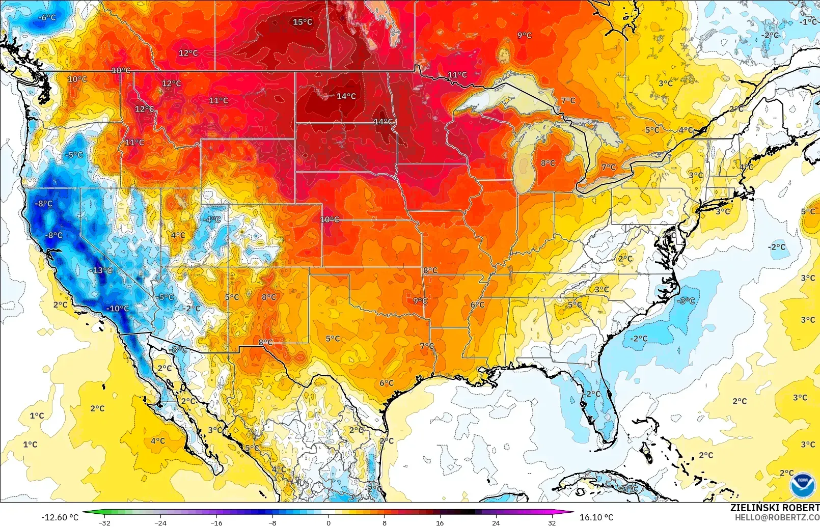 GFS model - Stany Zjednoczone, Anomalia temperatury na 2 m