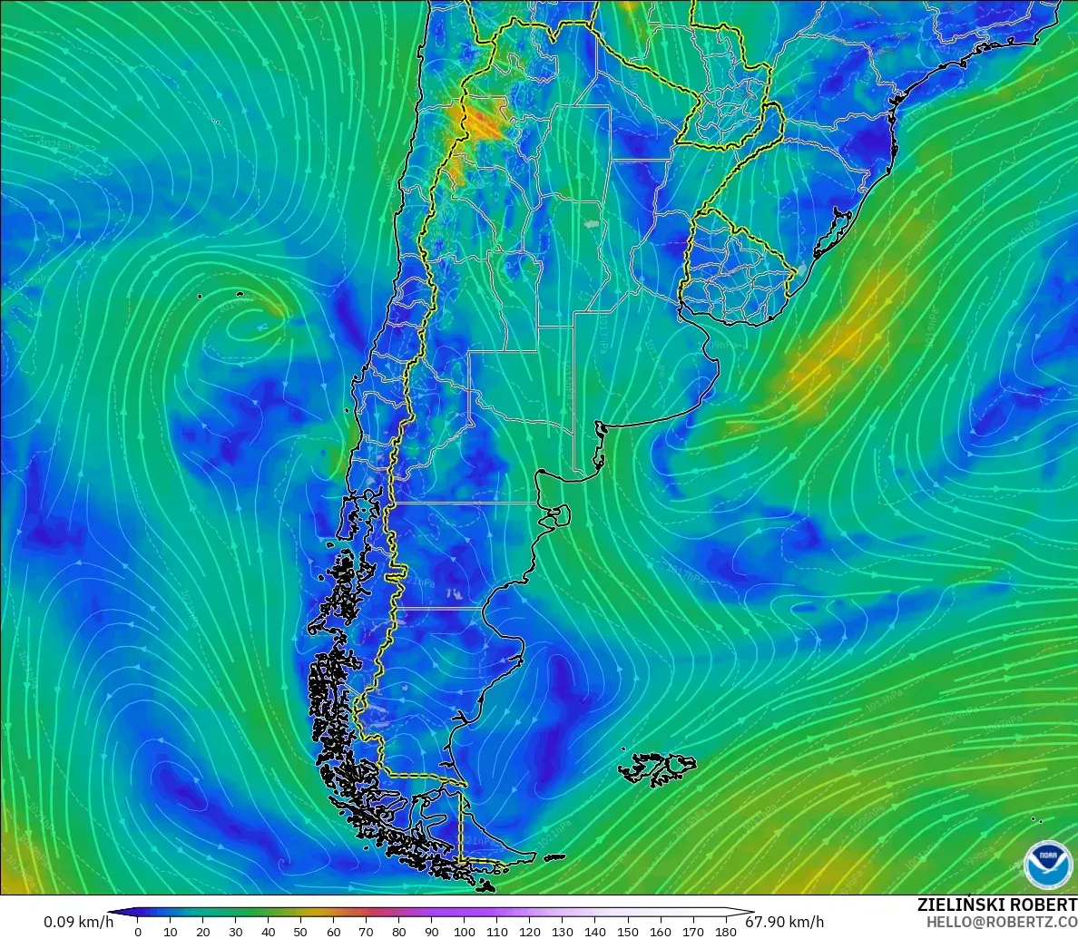 GFS model - Argentyna, Wiatr na 10 m
