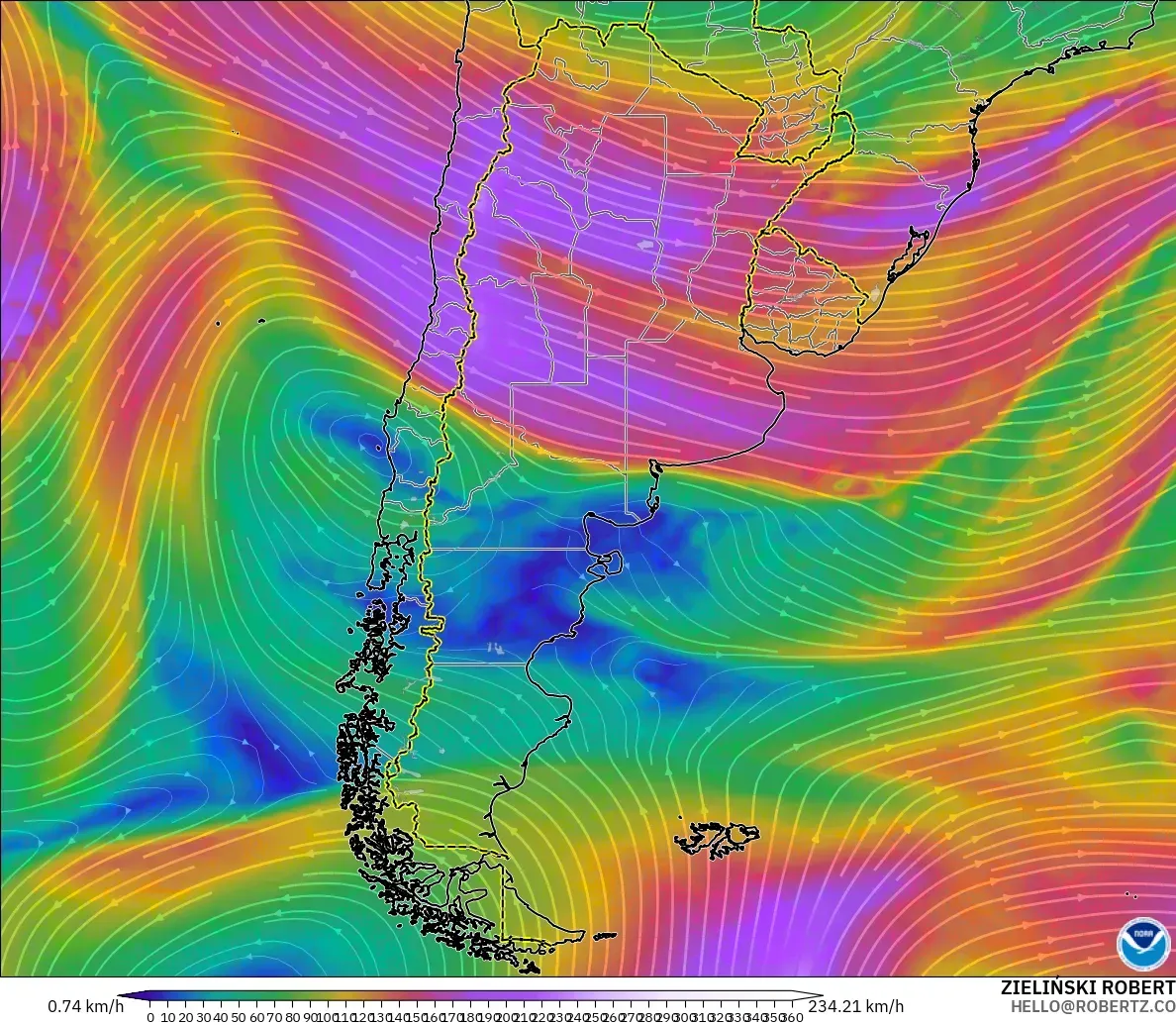 GFS model - Argentyna, Wiatr na 300 hPa (prąd strumieniowy)