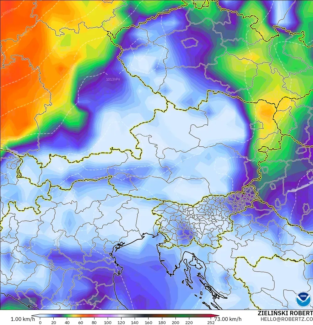 GFS model - Austria, Porywy wiatru