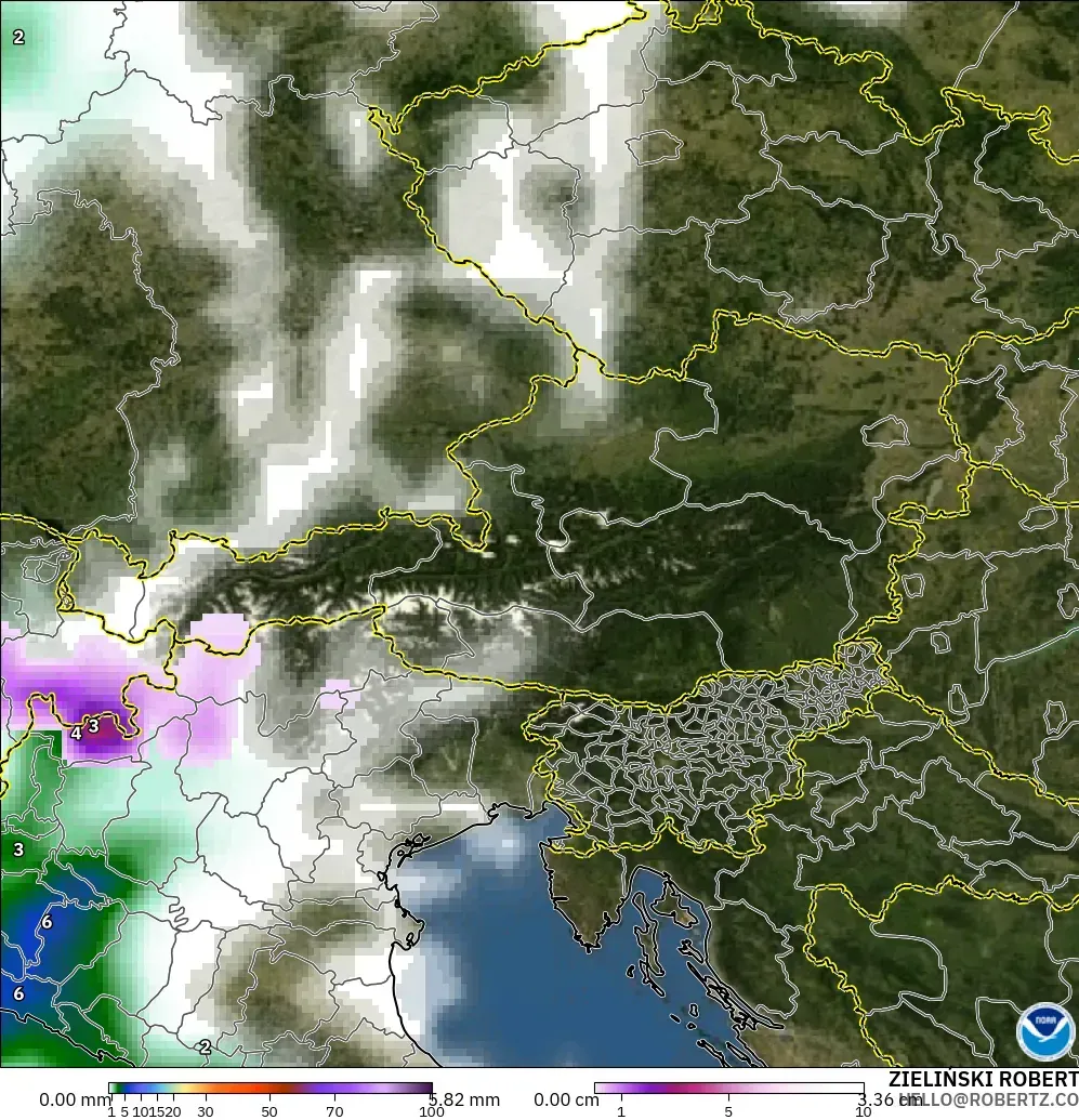 GFS model - Austria, Opady, chmury i ciśnienie