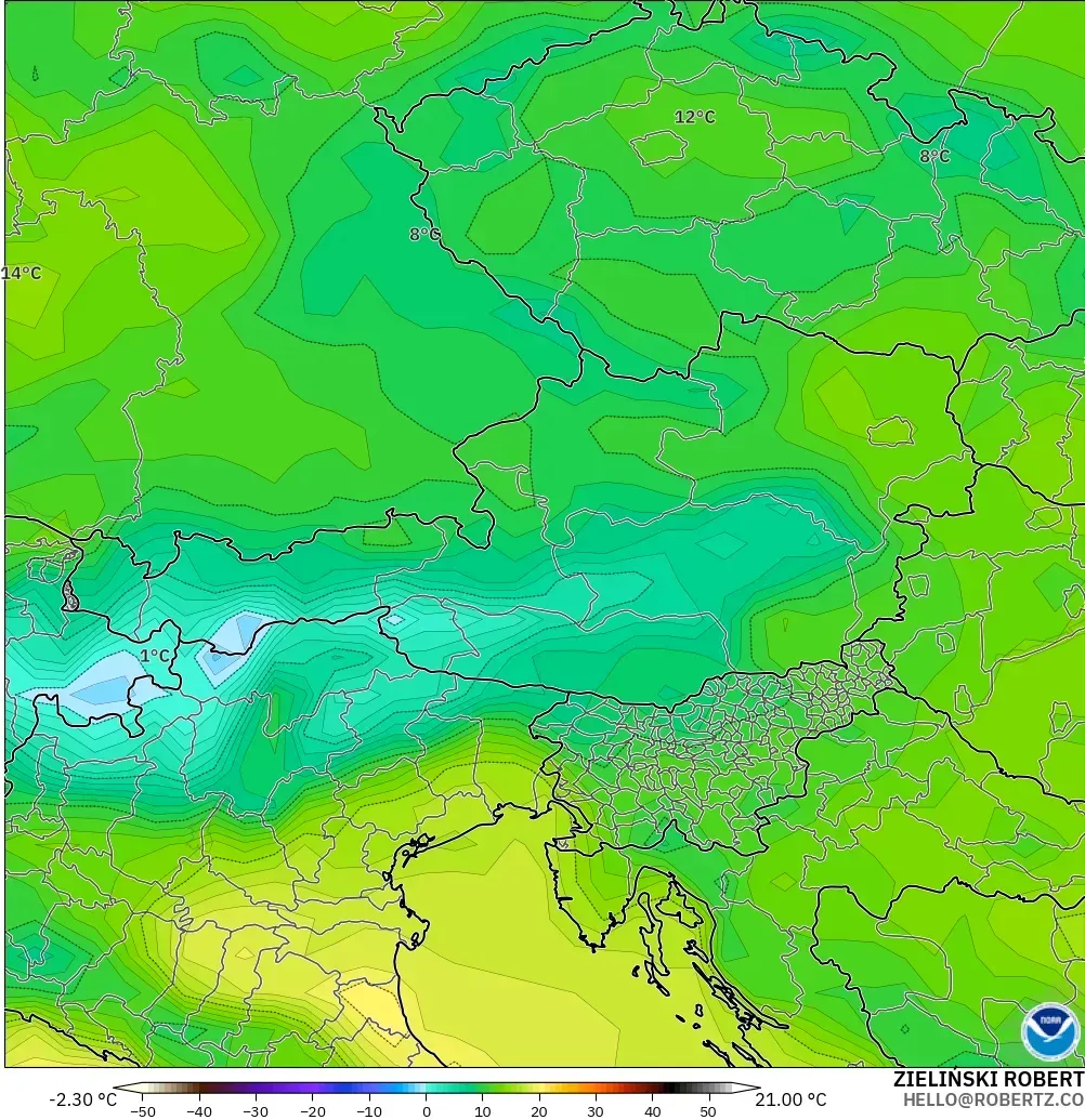 GFS model - Austria, Temperatura na 2 m