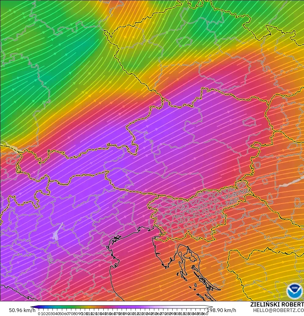 GFS model - Austria, Wiatr na 300 hPa (prąd strumieniowy)