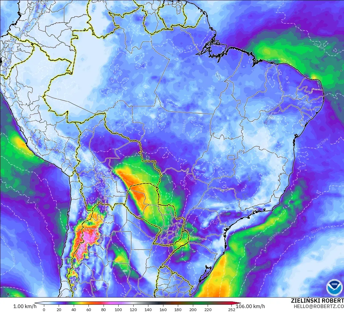 GFS model - Brazylia, Porywy wiatru