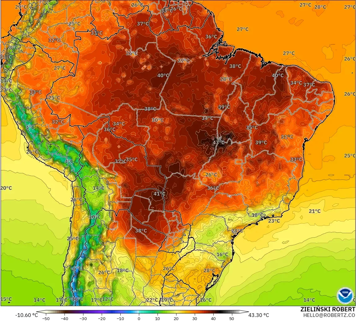 GFS model - Brazylia, Temperatura na 2 m