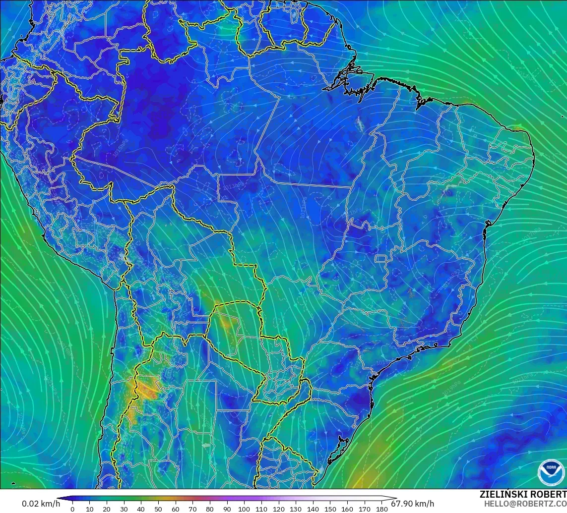 GFS model - Brazylia, Wiatr na 10 m