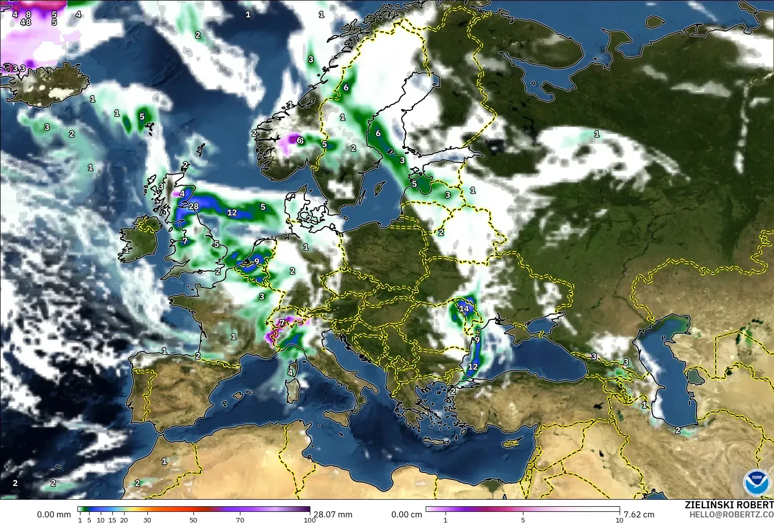 GFS model - Europa, Opady, chmury i ciśnienie