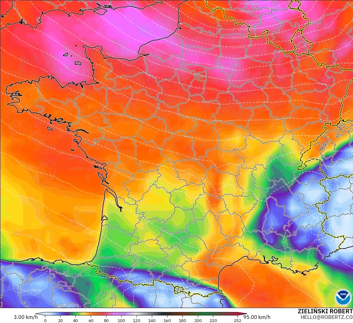 GFS model - Francja, Porywy wiatru
