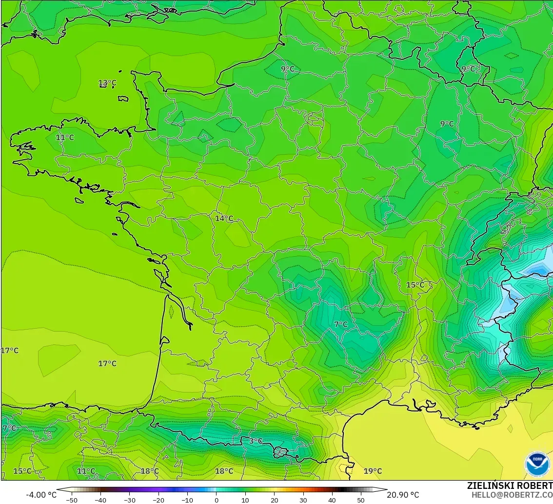GFS model - Francja, Temperatura na 2 m