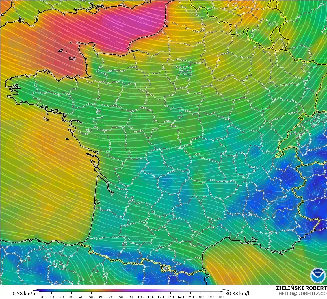 GFS model - Francja, Wiatr na 10 m