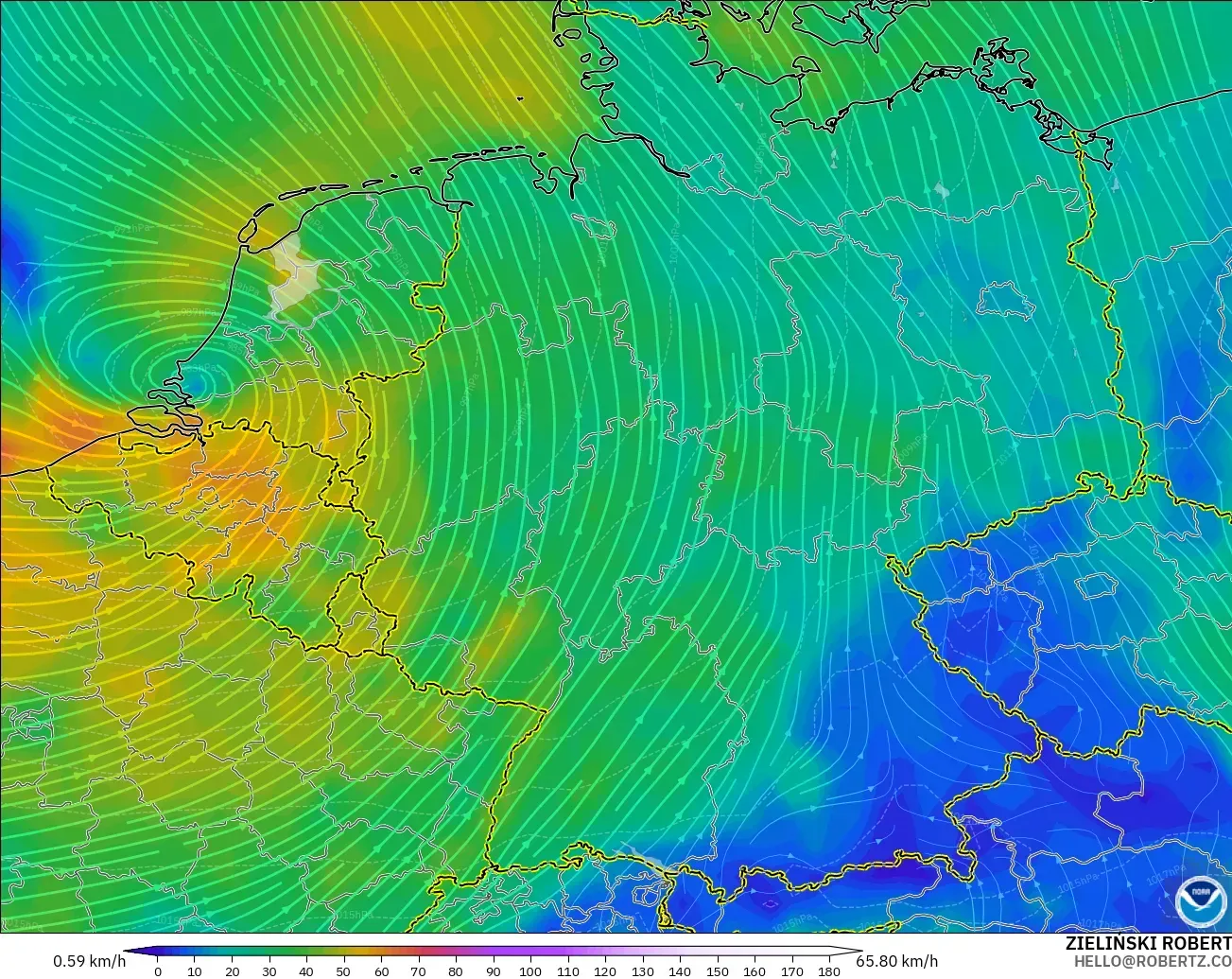GFS model - Niemcy, Wiatr na 10 m
