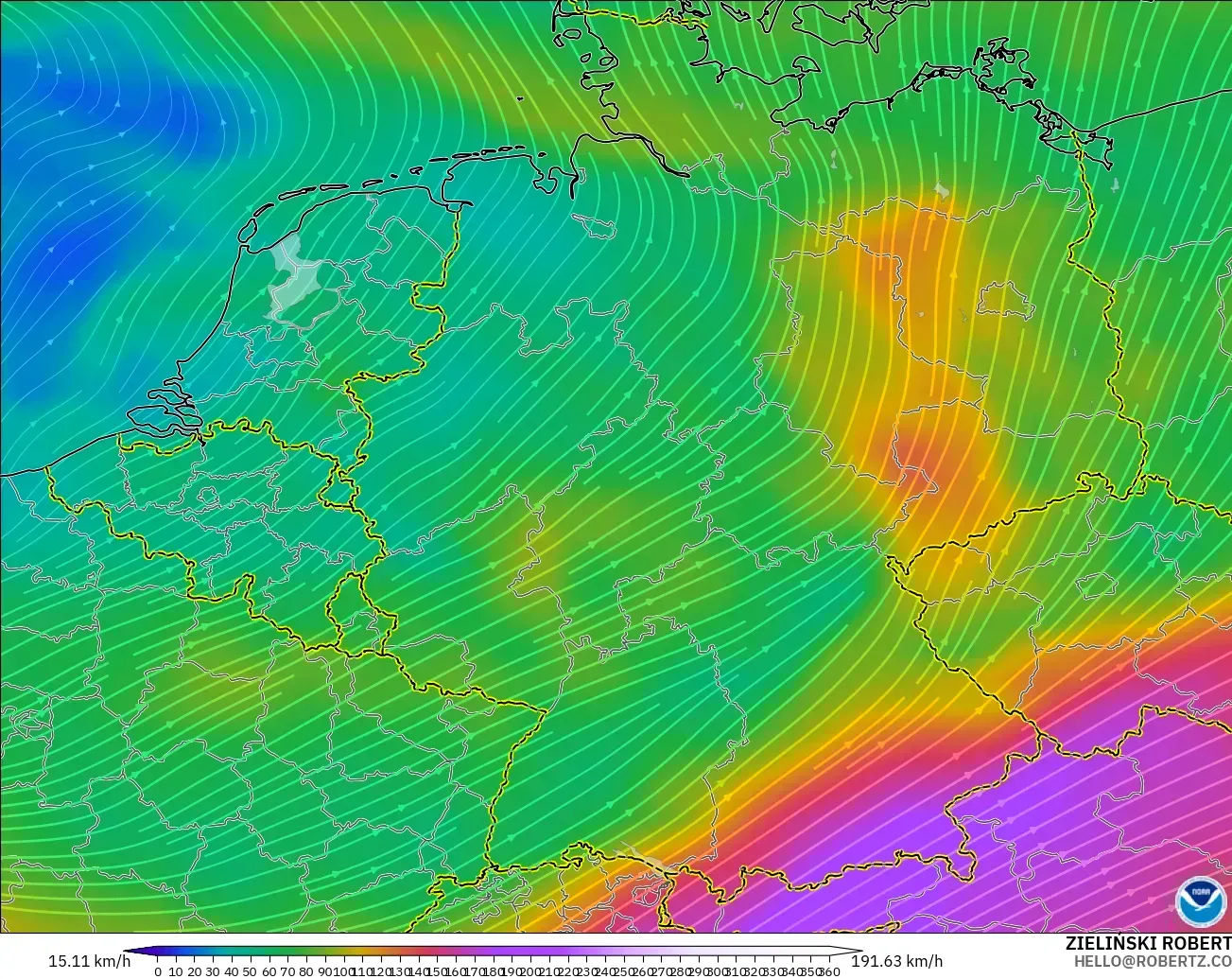 GFS model - Niemcy, Wiatr na 300 hPa (prąd strumieniowy)