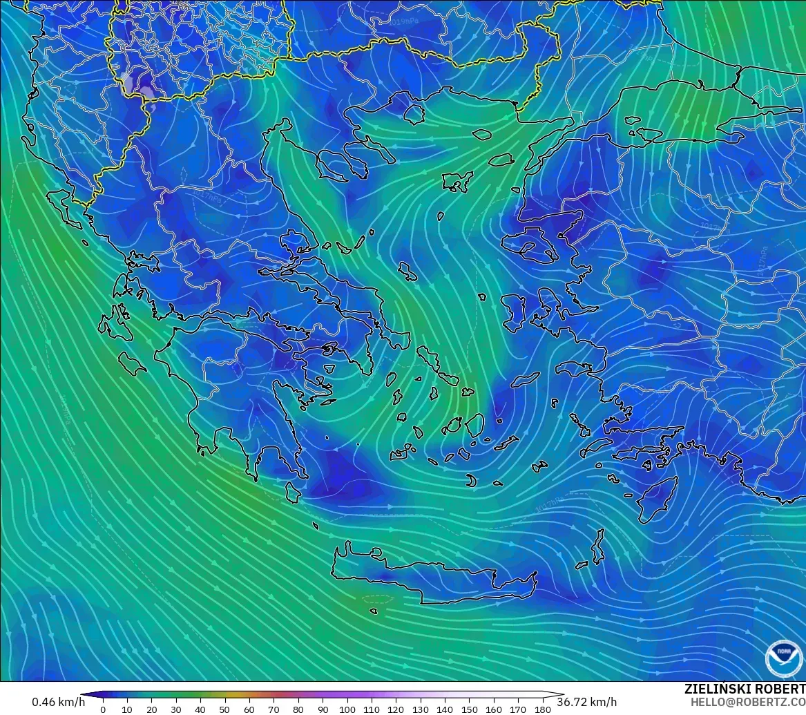 GFS model - Grecja, Wiatr na 10 m
