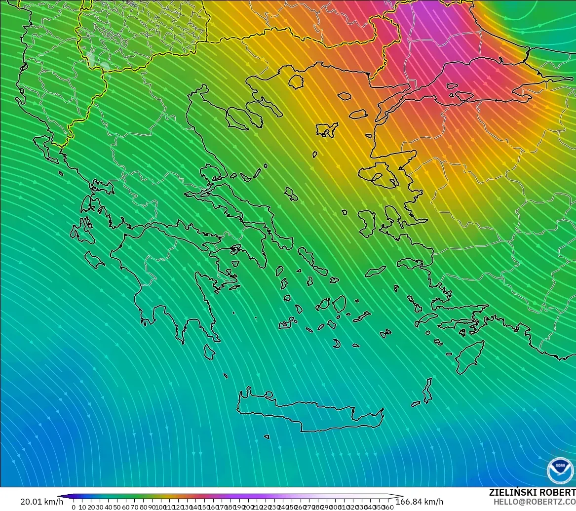 GFS model - Grecja, Wiatr na 300 hPa (prąd strumieniowy)