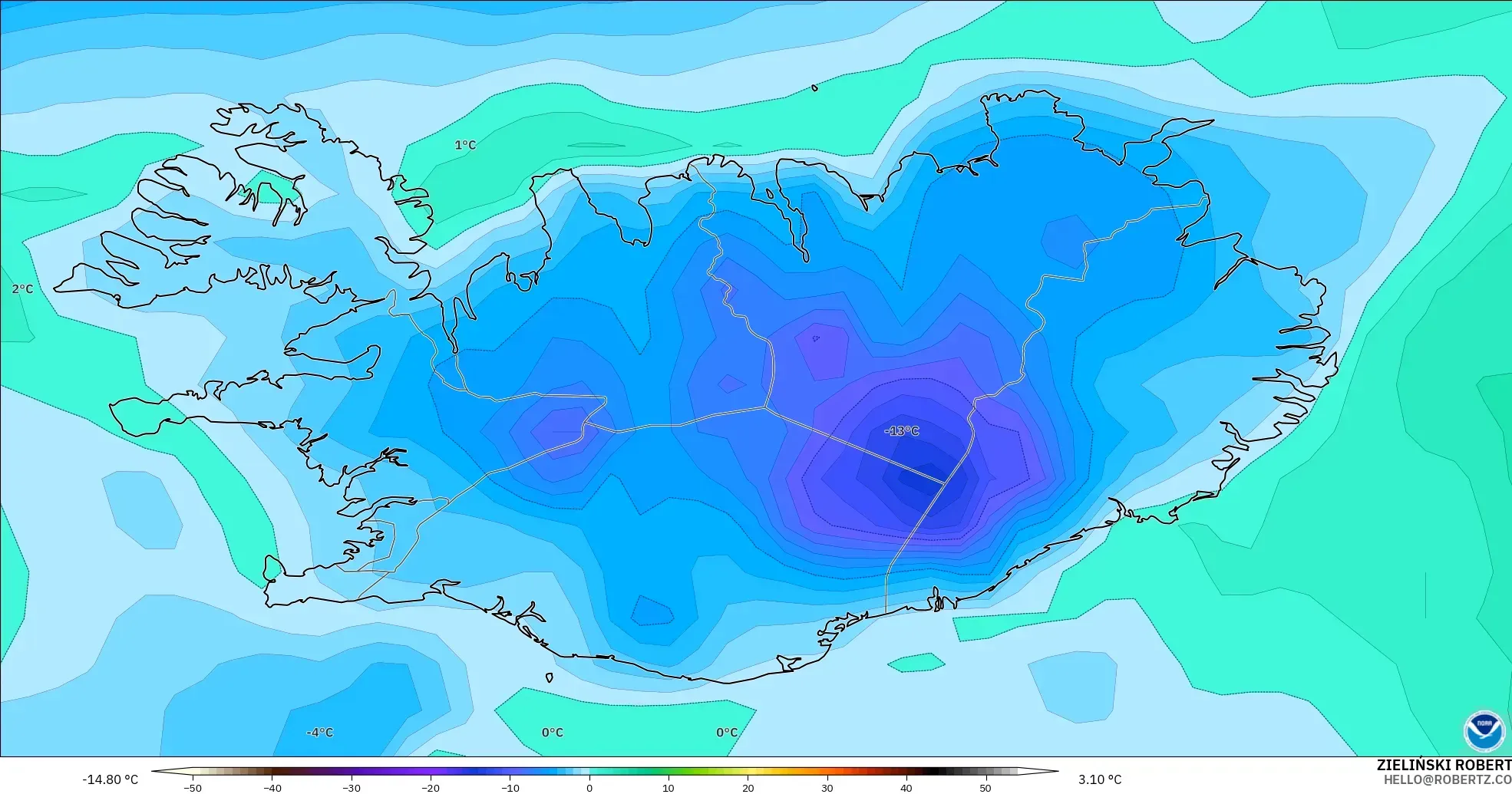 GFS model - Islandia, Punkt rosy na 2 m