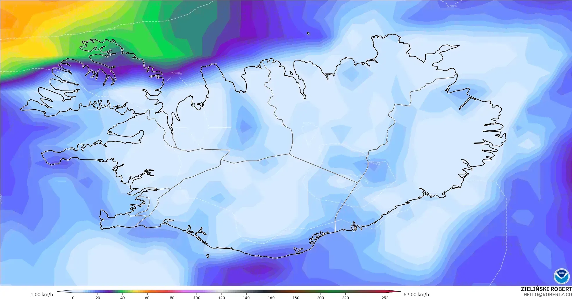 GFS model - Islandia, Porywy wiatru