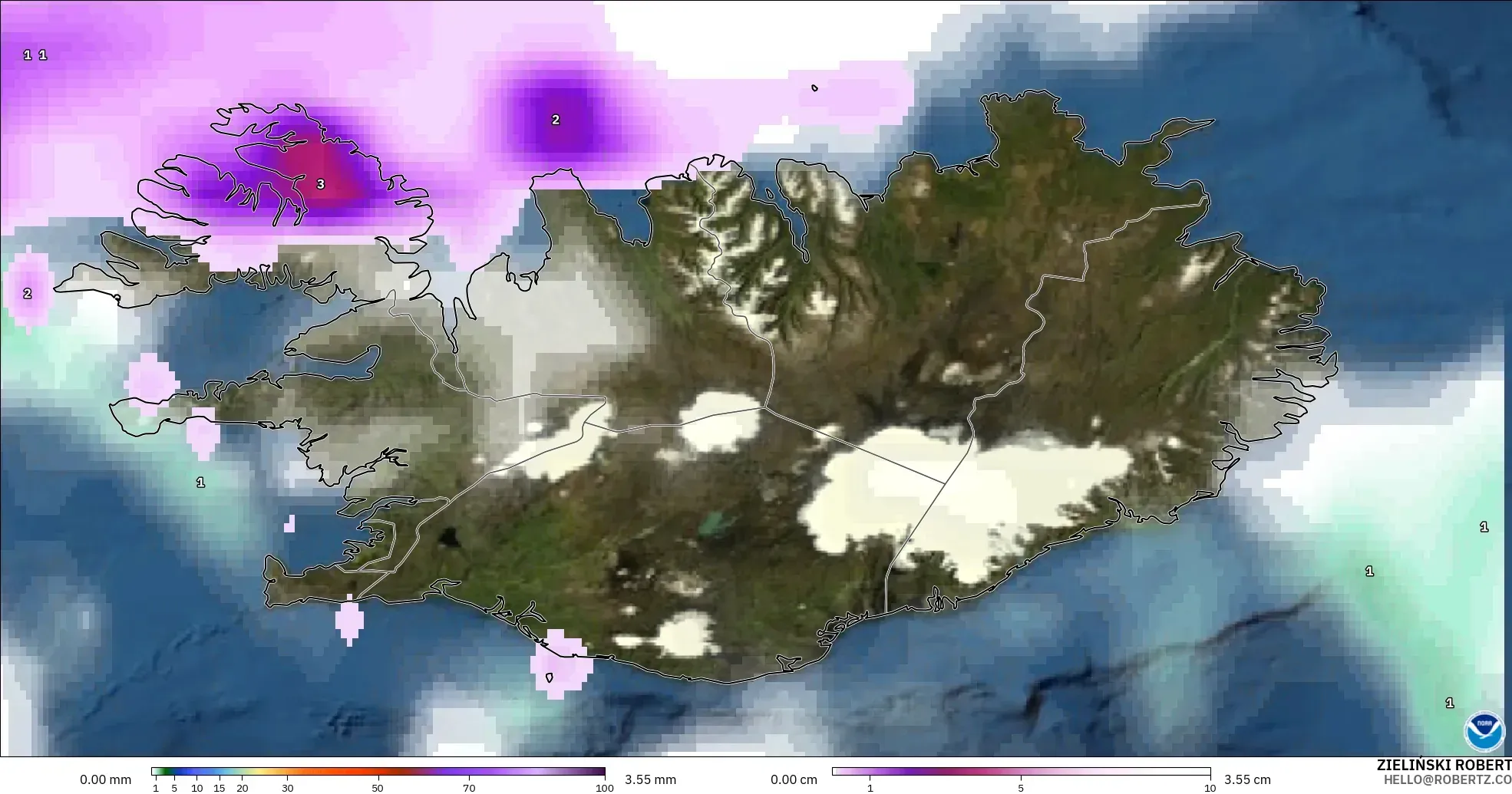 GFS model - Islandia, Opady, chmury i ciśnienie