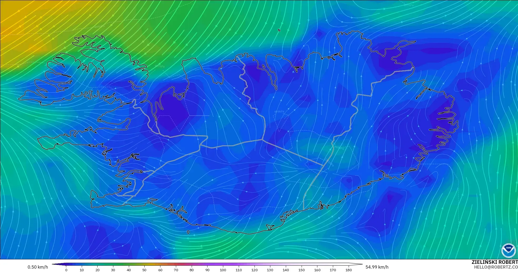 GFS model - Islandia, Wiatr na 10 m