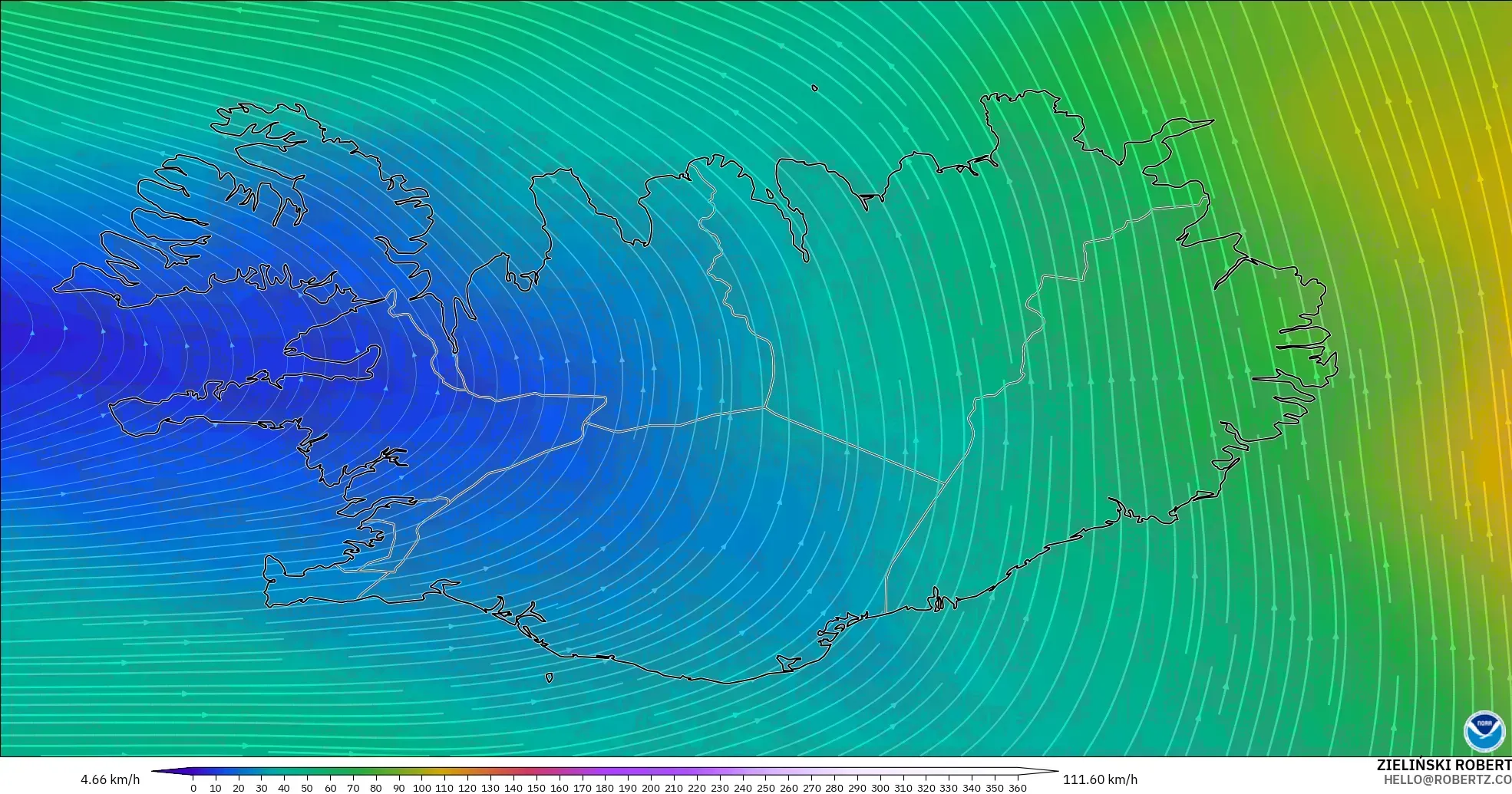 GFS model - Islandia, Wiatr na 300 hPa (prąd strumieniowy)
