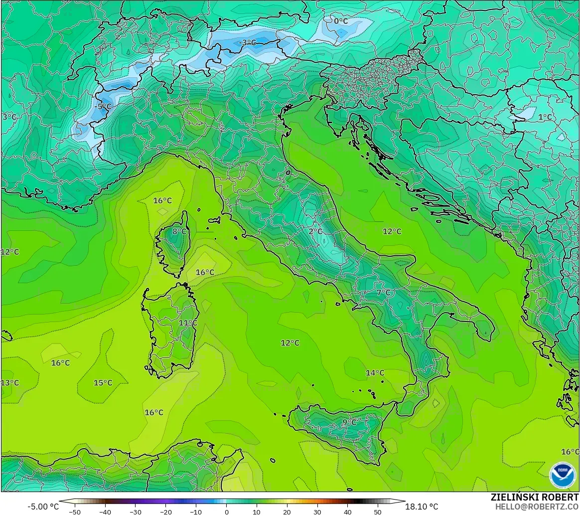 GFS model - Włochy, Punkt rosy na 2 m